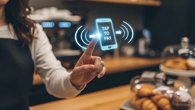 Contactless payment by phone in a cafe for the concept of modern technology.