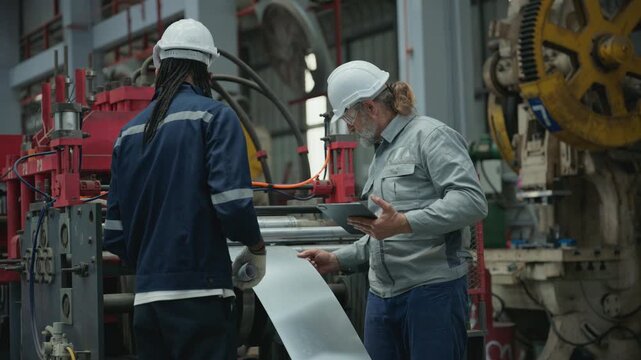 Senior engineer inspecting metal sheet for rolling machine output in plant while instructing coworker.