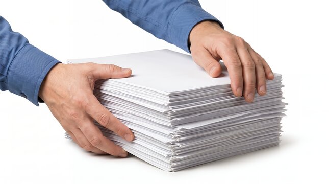 Mans hands in blue shirt holding a large stack of white envelopes, isolated on white background