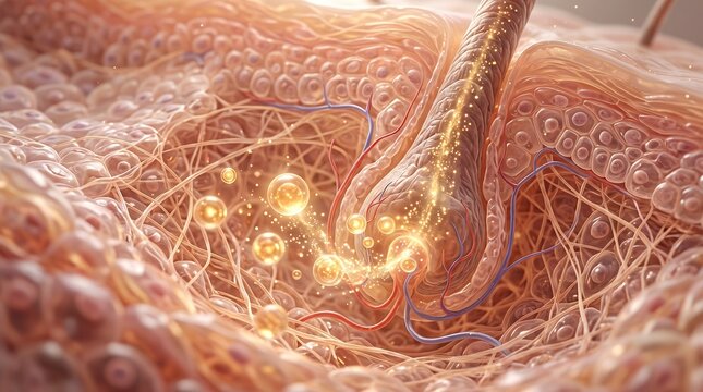 A detailed closeup medical visualization showing a human hair follicle crosssection with glowing nutrients being absorbed into the root structure surrounded by healthy skin cells