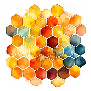 Watercolor abstract honeycomb pattern with warm yellow orange and blue geometric cells. Great for cosmetic packaging backgrounds, organic textile prints or modern website design themes
