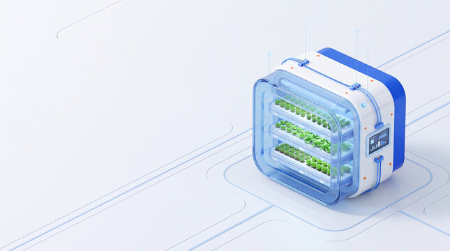 식물 선반이 있는 유리 수직 농장 모듈 &middot; Glass Vertical Farm Module with Shelves of Green Seedlings