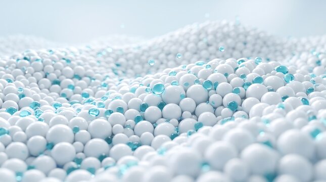 Abstract background featuring a wavy surface of many matte white spheres mixed with transparent blue liquid bubbles representing science and technology