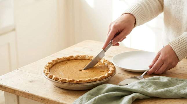 A woman uses a knife to slice an appetizing, homemade pumpkin pie with a crispy crust on a kitchen table. A seasonal baked treat for Thanksgiving.