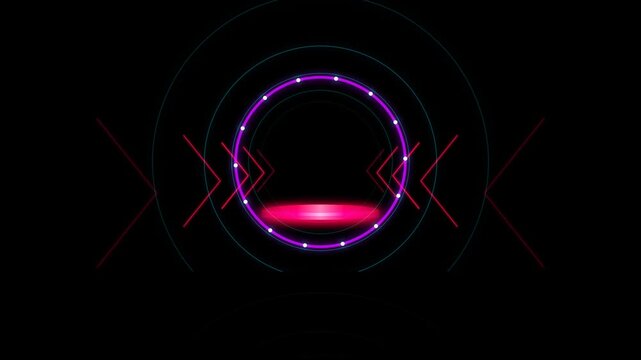 Glowing Neon Circular Frame with Pulsing Red Platform and Moving Directional Arrows on Dark Backgrou