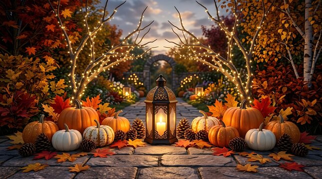 Autumn garden path with pumpkins and lantern