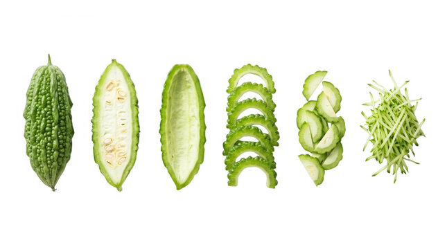 Slices and Sections of Bitter Melon, featuring slicing, vegetable, healthy food, fresh produce, nutrition, asian cuisine, cooking preparation, raw ingredients