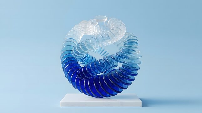 Abstract blue glass sculpture on pedestal