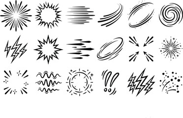 Comic Book Speed Lines and Action Effect Icon Set with Comic Explosion Speech Bubbles Lightning Bolts and Manga Energy Motion Vector Graphics © Mim