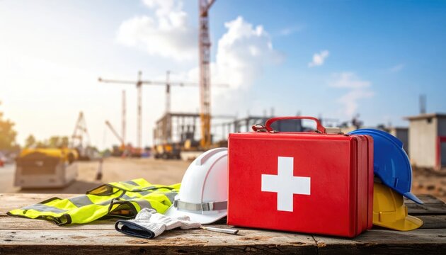 Construction Site Safety Gear and First Aid Kit on Wooden Table with Cranes and Buildings in Background