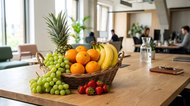 Fresh fruit basket on office desk