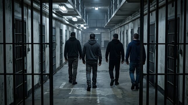 Four men walking down a prison corridor