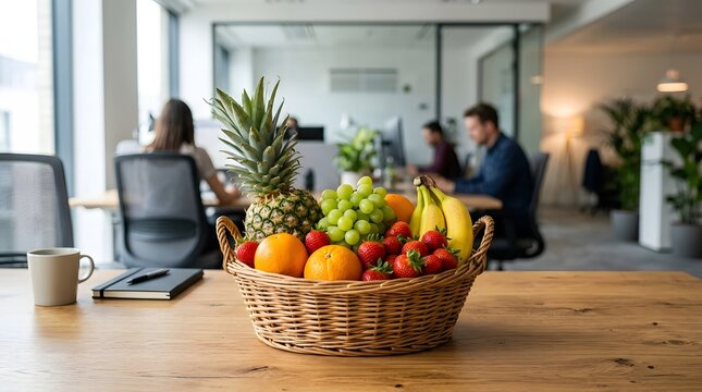 Fresh fruit basket on office desk
