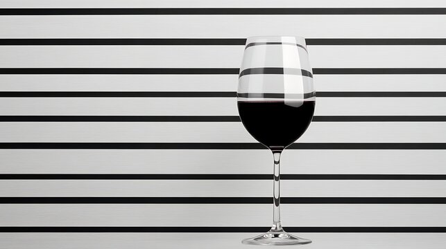 A glass of red wine sits in front of a black and white striped background