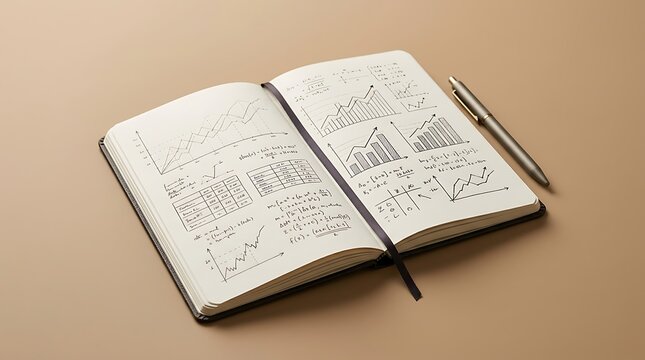 Open notebook containing handwritten mathematical formulas and financial charts resting on a wooden table