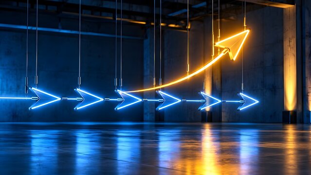 Glowing golden neon arrow rising above row of blue arrows in dark concrete hall symbolizing business breakthrough and growth trajectory