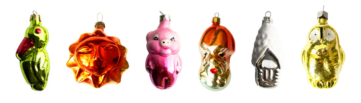 Set Vintage colored glass Soviet Christmas tree toys. Retro style Christmas ornament, cut out, PNG format.. Toucan, house and pig, owl, sun and mushroom. Vintage tree toys, collecting