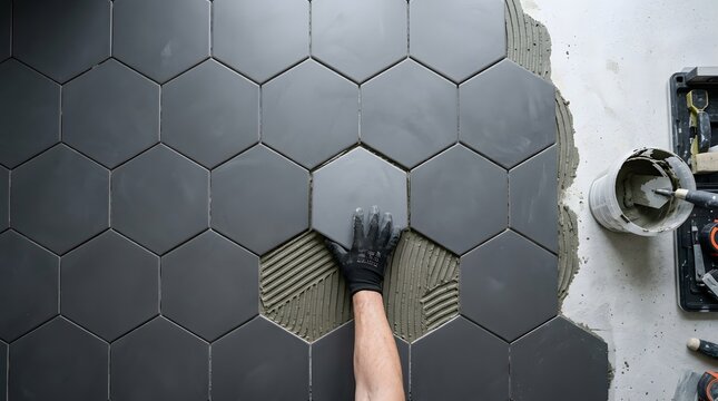 Worker laying hexagonal tiles on floor