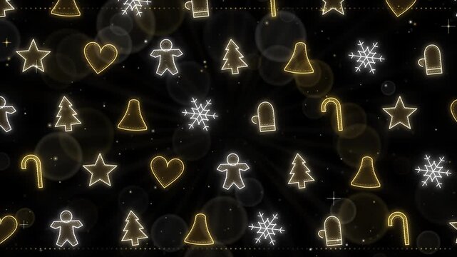 Seamless loop of glowing Christmas cookie cutter shapes with icing dots drifting diagonally, champagne gold glow on black, Christmas background, 4K