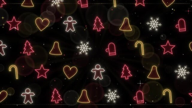 Seamless loop of glowing Christmas cookie cutter shapes with icing dots drifting diagonally, red and gold glow on black, Christmas background, 4K
