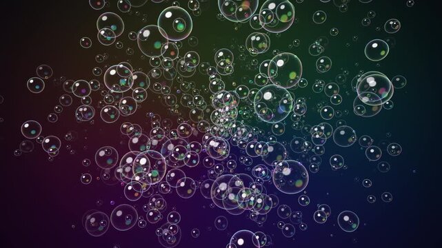 Iridescent soap bubbles floating on a dark gradient background. 4K Alpha Channel