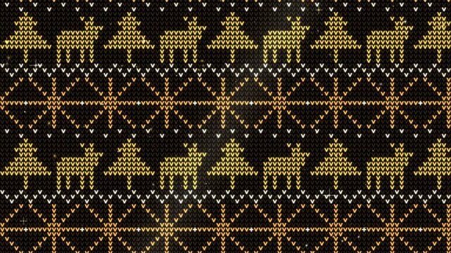 Seamless loop of glowing Nordic knit pattern with stars, reindeer and fir trees scrolling upward, snow falling, warm gold glow on black, winter background, 4K