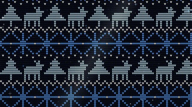 Seamless loop of glowing Nordic knit pattern with stars, reindeer and fir trees scrolling upward, snow falling, icy blue and white glow on black, winter background, 4K