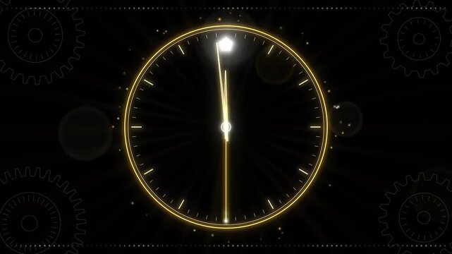 Seamless loop of a glowing clock face with hands near midnight, ticking second hand, gears and orbiting lights, no numbers, warm gold glow on black, New Year's Eve countdown background, 4K