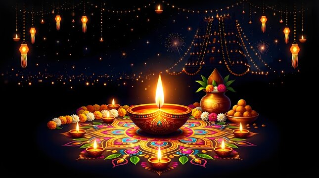 Diwali festival festive decoration illustration showing glowing oil lamps diyas on colorful rangoli, decorated with marigold flowers, hanging lanterns, and fireworks at a glowing temple.