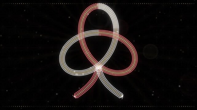 Seamless loop of a glowing mizuhiki awaji knot of red and white cords with a gold strand on an asanoha pattern, red and gold glow on black, Japanese New Year gift background, 4K