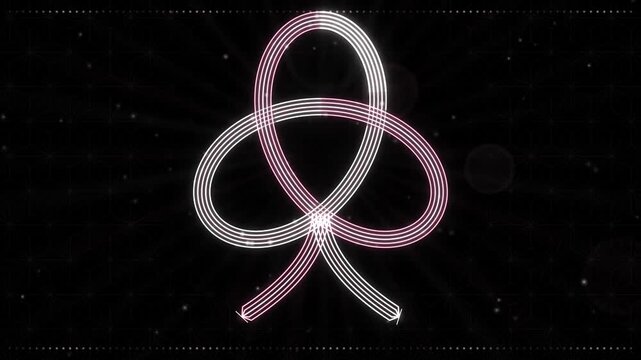 Seamless loop of a glowing mizuhiki awaji knot of red and white cords with a gold strand on an asanoha pattern, pink glow on black, Japanese New Year gift background, 4K
