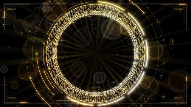 Japanese countdown 10 to 0, golden ring with traditional wave and hemp leaf patterns, glowing light rays and bokeh on black, shockwave finale, 4K