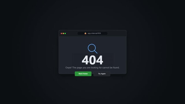 Abstract Minimalist 404 Browser Error UI Motion Graphic Looped Animation Displaying Page Not Found Message and Search Icon Over Dark Background