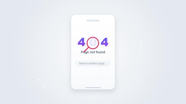 Abstract Minimalist 404 Browser Error UI Motion Graphic Looped Animation Displaying Page Not Found Message and Search Icon Over Clean Light Background