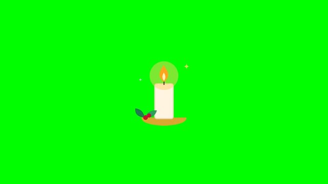 Flat white burning candles with holly on green screen