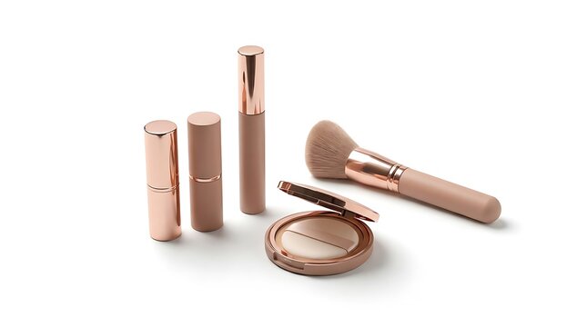 Set of luxury makeup products including lipstick, concealer, powder compact and a soft makeup brush. makeup combo deals