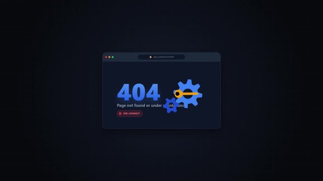 Abstract Minimalist 404 System Maintenance UI Animation Displaying Page Not Found and Error Message Over Dark Background