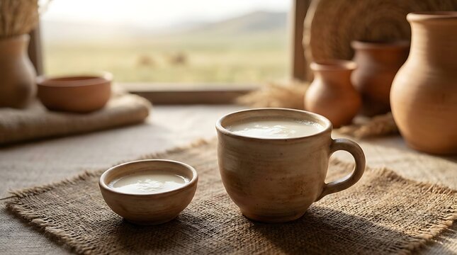 A warm cup of tea and a small bowl on a stone table with a beautiful view of a green field outside. Kazakhstan Cuisine