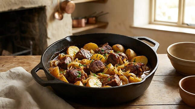 Fresh chicken stew with roasted potatoes and vegetables served in a hot black cast iron pan at home. Kazakhstan Cuisine
