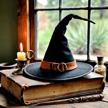 Halloween still life with witch hat, vintage magic book, wooden wand, candle and potion bottle