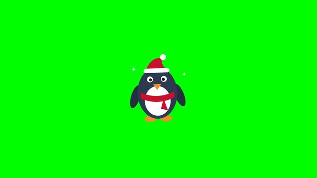 Cute christmas penguins wearing santa hats on green screen background