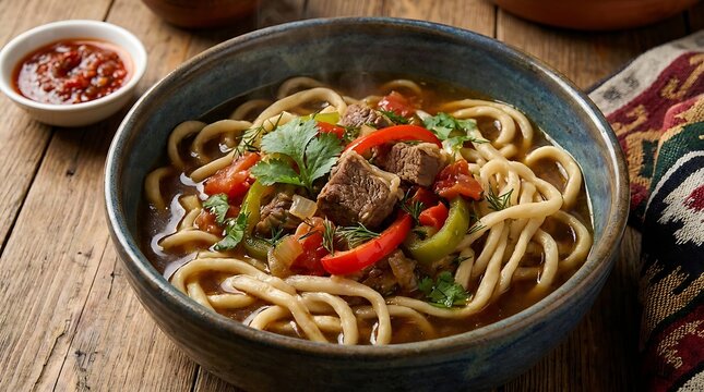 A delicious bowl of hot beef noodles with fresh vegetables and herbs served on a rustic wood table. Kazakhstan Cuisine
