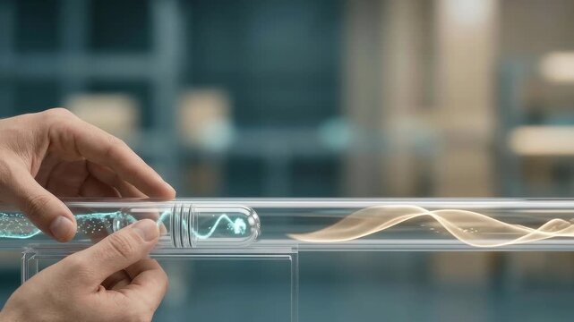 Supply Chain Visibility Seamless Loop Animation of Hand Guiding Transparent Pneumatic Tube Capsule with Glowing Logistics Data for Corporate Background