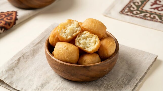 A small wooden bowl filled with delicious golden fried tofu balls served on a simple kitchen table. Kazakhstan Cuisine