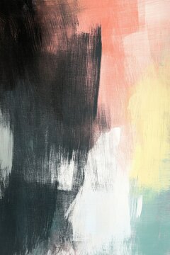 Abstract brushstrokes in muted coral, yellow, and teal