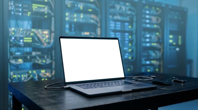 Blank laptop screen mockup on desk with cables inside modern datacenter server room
