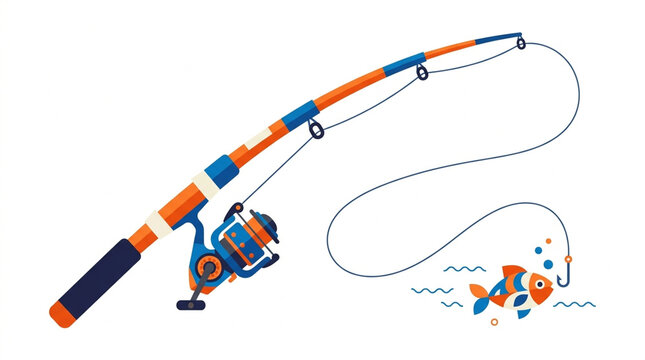 Modern flat vector illustration of an orange and blue fishing rod with a spinning reel, fishing line, hook, and colorful fish. Minimalist fishing concept with clean geometric shapes, simple details, a