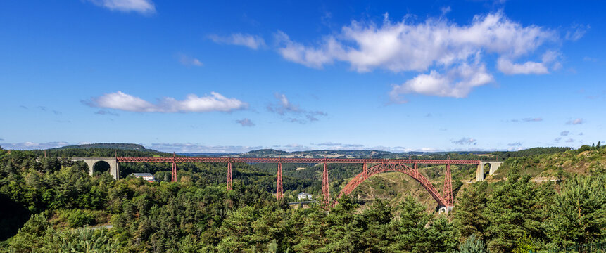 Gabarit viaduct, a railway bridge constructed by Gustav Eiffel, seen from the stop along the autoroute A75 (Cantal) in summer 