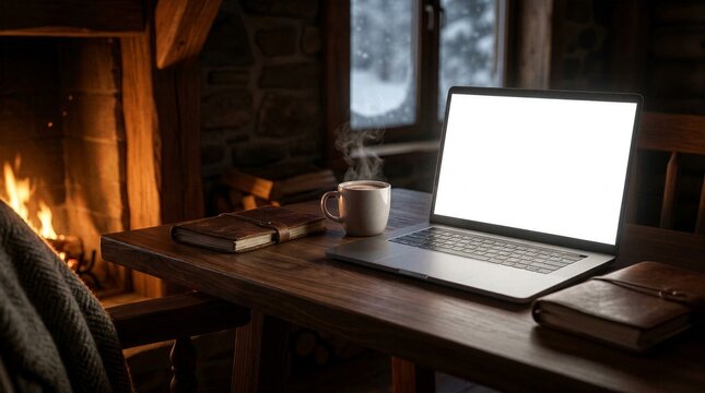 Cozy winter cabin desk mockup with laptop steaming mug notebooks and roaring fireplace