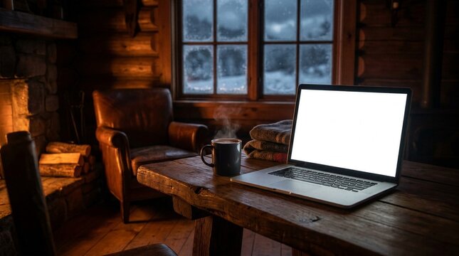 Open laptop mockup on rustic timber table by snowy window and fireplace in log cabin